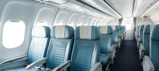 Row of airplane seat interior. Generative AI technology.