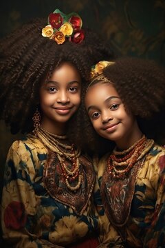 African sisters with dark locks are in a great mood and having a great time. Picture of embracing girls who look beautiful