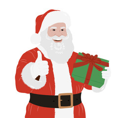 Santa Claus holding a gift and showing thumb up. Happy Santa with the present box. Christmas gift from Santa Claus. Transparent PNG. Vector flat style illustration isolated on white	