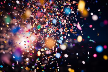 A vibrant display of multicolored confetti raining down on a jubilant crowd celebrating the arrival of the New Year