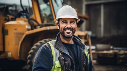 Portrait of a smiling construction worker wearing a safety helmet and looking at camera. Generative Ai. 