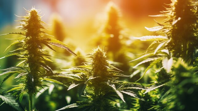 Close up of cannabis bud while still on the plant in the field. Generative Ai. 