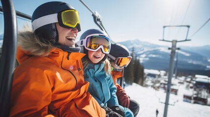 Happy family of mother and daughter having fun on ski slope in mountains. Generative Ai. 
