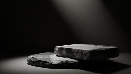 black and white stone podium for product in a dark room with a light beam