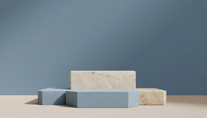 Background for the product podium stones stacked on top of each other. Exquisite background in pastel blue and cream colors. Background for Cosmetics Jewelry