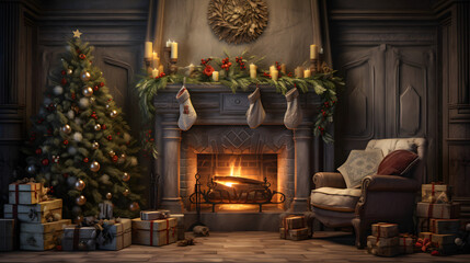 a photo of christmas night in front of a fireplace and presents, in the style of hyperrealistic rendering, dark gray and bronze, photo-realistic landscapes, rusticcore, cabincore