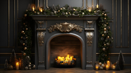 christmas fireplace mantel in a christmas room, in the style of photorealistic, dark gray, wood, dark gray and bronze - obrazy, fototapety, plakaty