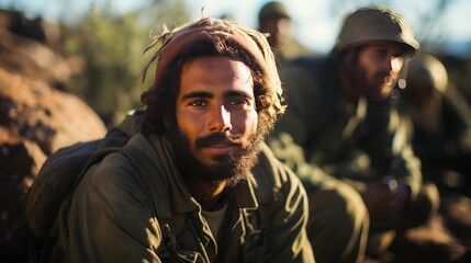 Obraz premium Soldier in military uniform with soldiers in the background. Selective focus. Generative Ai. 