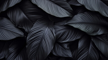 Abstract black leaf textures come together to create a tropical leaf-themed background. Presented in a flat lay style, this concept evokes the essence of a mysterious  Enhanced by Generative AI