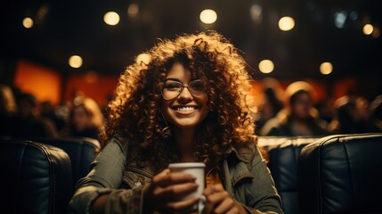 A woman with a happy look is watching a movie in the cinema while holding popcorn. Ai generative - obrazy, fototapety, plakaty