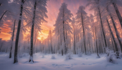 Fototapeta na wymiar Winter Snow Forest at Sunset