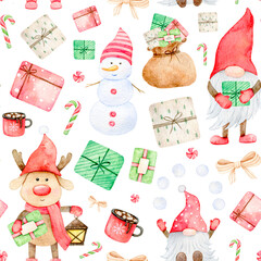 Christmas seamless pattern with Adorable Gnome, scandinavian elf, snowman, deer, giftbox, candy, New Year print. Watercolor hand drawn illustration for wrapping paper, textile, fabric