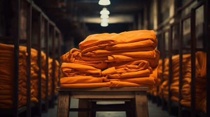Stack of orange robes for prisoners. Blurry prison cell in the background - obrazy, fototapety, plakaty