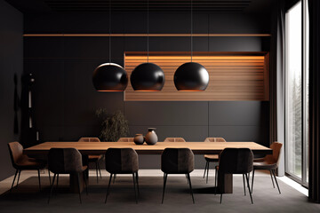 Salle &agrave; manger dark and wood spheres noires