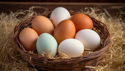 Photo of a Basket Filled With Colorful Eggs on a Rustic Hay Pile