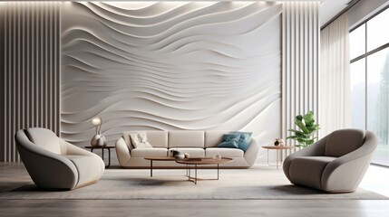 Modern living room interior with white walls, wooden floor, comfortable sofa and armchairs. Generative Ai. 