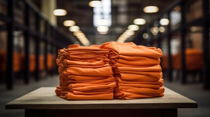 Stack of orange robes for prisoners. Blurry prison cell in the background - obrazy, fototapety, plakaty