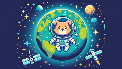 Adorable Astronaut Puppy Exploring Outer Space Illustration