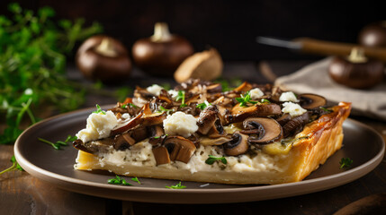Tart with mushrooms and goat cheese - obrazy, fototapety, plakaty