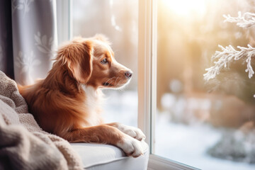 dog in cozy room look out of window in winter - obrazy, fototapety, plakaty