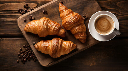 Croissants with cappuccinos on a rustic wooden table