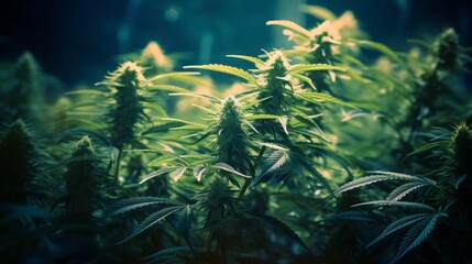 Fototapeta na wymiar Cannabis Plantation. Marijuana business. Medicinal indica with CBD. Green background of leaves. Generative Ai. 