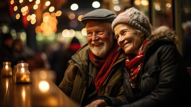 Senior Couple Dating At Christmas Night.