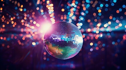 Sparkling disco ball, radiating shimmering lights in a vibrant and energetic atmosphere. Generative Ai. - obrazy, fototapety, plakaty