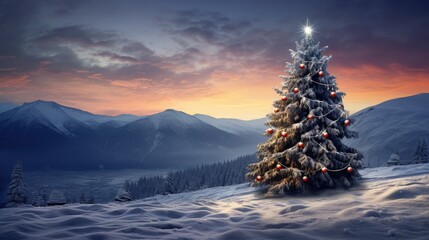 Beautiful winter landscape with a christmas tree with mountains background