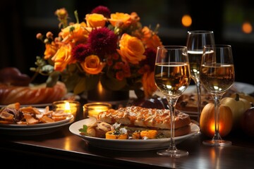 Fototapeta premium Table setting for a romantic dinner with glasses of white wine, fruits and flowers. Generative Ai. 