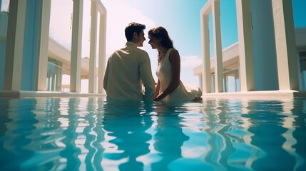 Luxury Honeymoon Couple Enjoying Poolside Bliss