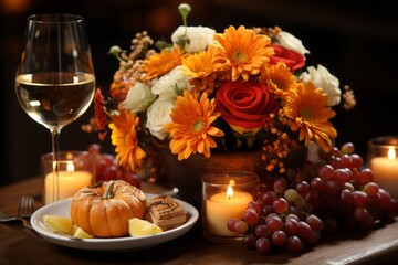 Table setting for a romantic dinner with glasses of white wine, fruits and flowers. Generative Ai. 
