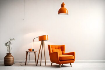 Interior design of modern orange armchair and lamp against a white wall with copy scape - obrazy, fototapety, plakaty