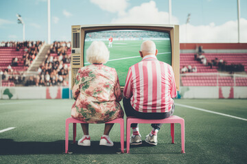 Two older couples watching a game from old style tv screen in the middle of football field stadium. Fun creative summer idea with elderly people as the biggest sport fans. - obrazy, fototapety, plakaty