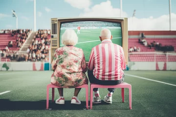 Foto op Plexiglas Two older couples watching a game from old style tv screen in the middle of football field stadium. Fun creative summer idea with elderly people as the biggest sport fans. © Santijago