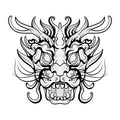 Black and white monster dragon head fantasy illustration coloring pages drawing line