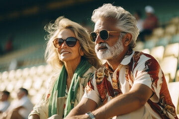 A fashionable cute couple middle age sits on a stadium and watching sport event. Casual summer...