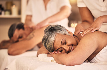 Relax, retirement and a couple at the spa for a massage together for peace, wellness or bonding....