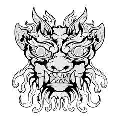 Black and white monster dragon head fantasy illustration coloring pages drawing line