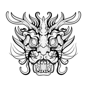 Black and white monster dragon head fantasy illustration coloring pages drawing line