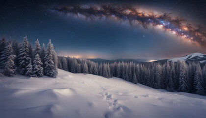 Fototapeta na wymiar Snowy Mountain Ridge Forest with Milky Way on Christmas Winter Night