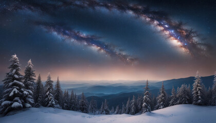 Fototapeta na wymiar Snowy Mountain Ridge Forest with Milky Way on Christmas Winter Night