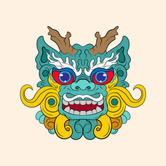 Chinese lion dance head, China Lunar New Year dragon mask. Traditional asian character, costume for holiday celebration, cartoon design element isolated on white background