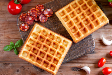 The process of making pizza waffles with tomatoes, sausages, cheese and herbs on a board