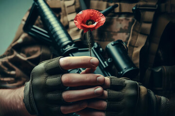 Soldier hands holding gun and one wild red poppy flower. Remembrance Day, Armistice Day, Anzac day symbol