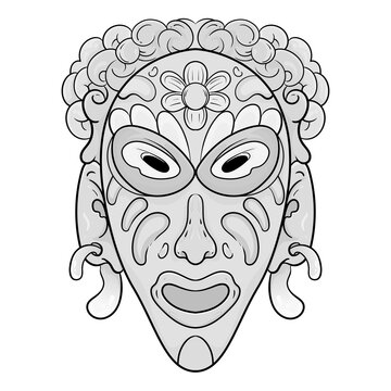Black and white line african ethnic tribal ritual masks of different shape isolated on white background vector illustration..