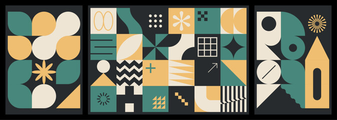 Set of neo geometric patterns with brutalist shapes. Modern, minimalist figures and symbols. Abstract flat vector illustrations for background, poster, cover, branding or web.