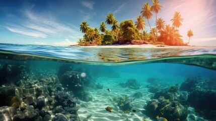 Fototapeta na wymiar Tropical island in ocean with coral reefs and fish. Palm trees beach vacation