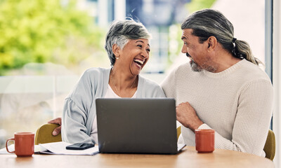Senior couple, laptop and laughing with retirement paperwork, manage finance and funny together at...