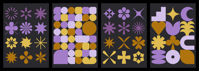 Set of neo geometric patterns with brutalist shapes. Modern, minimalist figures and symbols. Abstract flat vector illustrations for background, poster, cover, branding or web.